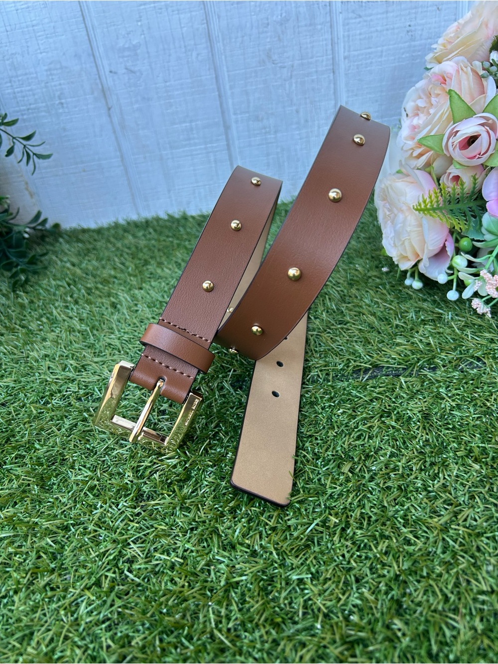 MICHAEL KORS WOMEN LEATHER BELT W GOLD STUD AND BUCKLE in Tan Brown NWT $68 S
